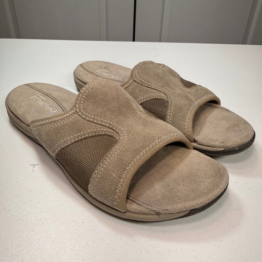 Easy Spirit Explore24 Essundancer Suede Mesh Slide Sandals Tan Womens 8 M